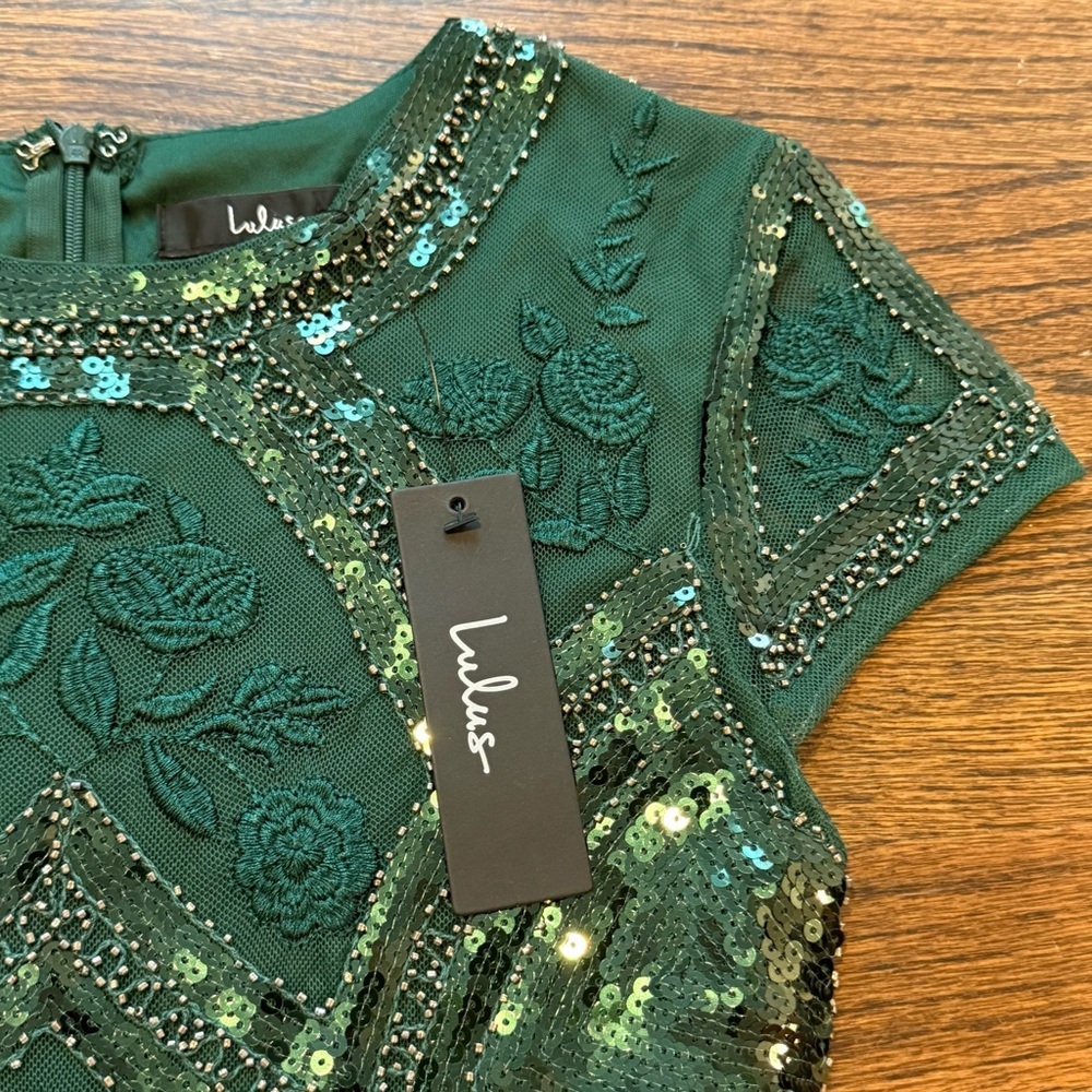 NWT Lulus Spread Your Shine Emerald Green Sequin Embroidered Bodycon Dress - Picture 4 of 10